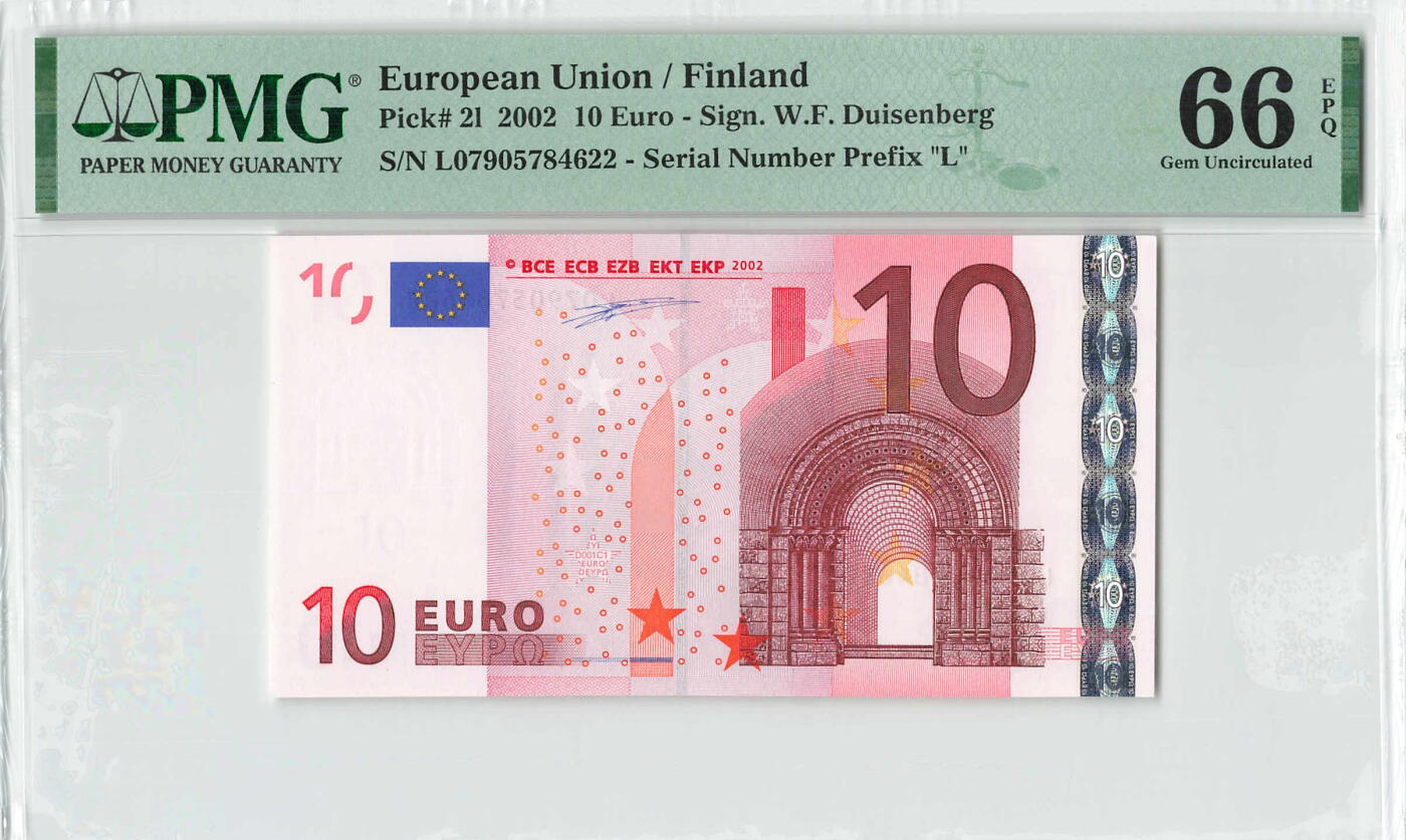 小福收藏拍卖第196期 评级币精选场 本期有68分倒置号布隆迪世界最大纸币 泰国69年10铢纪念钞0A冠百位倒置号  文莱06年500吉令特首年首冠 丹麦经典大松鼠 俄罗斯 玻利维亚 东加勒比 亚美尼亚等多国精美高分珍稀老钞精品纸币 芬兰 2002年 10元 一签 双尾 PMG66 EPQ 季军分