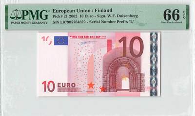 小福收藏拍卖第196期 评级币精选场 本期有68分倒置号布隆迪世界最大纸币 泰国69年10铢纪念钞0A冠百位倒置号  文莱06年500吉令特首年首冠 丹麦经典大松鼠 俄罗斯 玻利维亚 东加勒比 亚美尼亚等多国精美高分珍稀老钞精品纸币 - 芬兰 2002年 10元 一签 双尾 PMG66 EPQ 季军分
