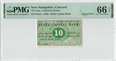小福收藏拍卖第196期 评级币精选场 本期有68分倒置号布隆迪世界最大纸币 泰国69年10铢纪念钞0A冠百位倒置号  文莱06年500吉令特首年首冠 丹麦经典大松鼠 俄罗斯 玻利维亚 东加勒比 亚美尼亚等多国精美高分珍稀老钞精品纸币 - 美国 新罕布什尔 康科德 1862年 10分 PMG66 EPQ