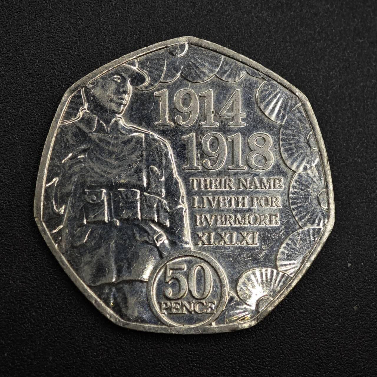 【淘币小摊】实时拍第八百一十拍   散币场   满百包邮可预留二周 每周一统一发货   马恩岛2018年一战百年50便士纪念币