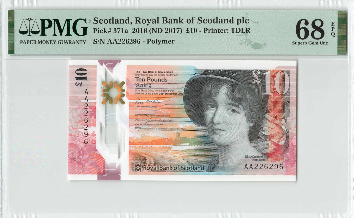 小福收藏拍卖第196期 评级币精选场 本期有68分倒置号布隆迪世界最大纸币 泰国69年10铢纪念钞0A冠百位倒置号  文莱06年500吉令特首年首冠 丹麦经典大松鼠 俄罗斯 玻利维亚 东加勒比 亚美尼亚等多国精美高分珍稀老钞精品纸币 苏格兰皇家银行 2017年 10镑 塑料钞 AA冠 无47 数3 PMG68 EPQ 季军分