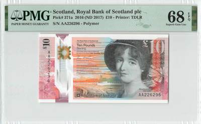 小福收藏拍卖第196期 评级币精选场 本期有68分倒置号布隆迪世界最大纸币 泰国69年10铢纪念钞0A冠百位倒置号  文莱06年500吉令特首年首冠 丹麦经典大松鼠 俄罗斯 玻利维亚 东加勒比 亚美尼亚等多国精美高分珍稀老钞精品纸币 - 苏格兰皇家银行 2017年 10镑 塑料钞 AA冠 无47 数3 PMG68 EPQ 季军分