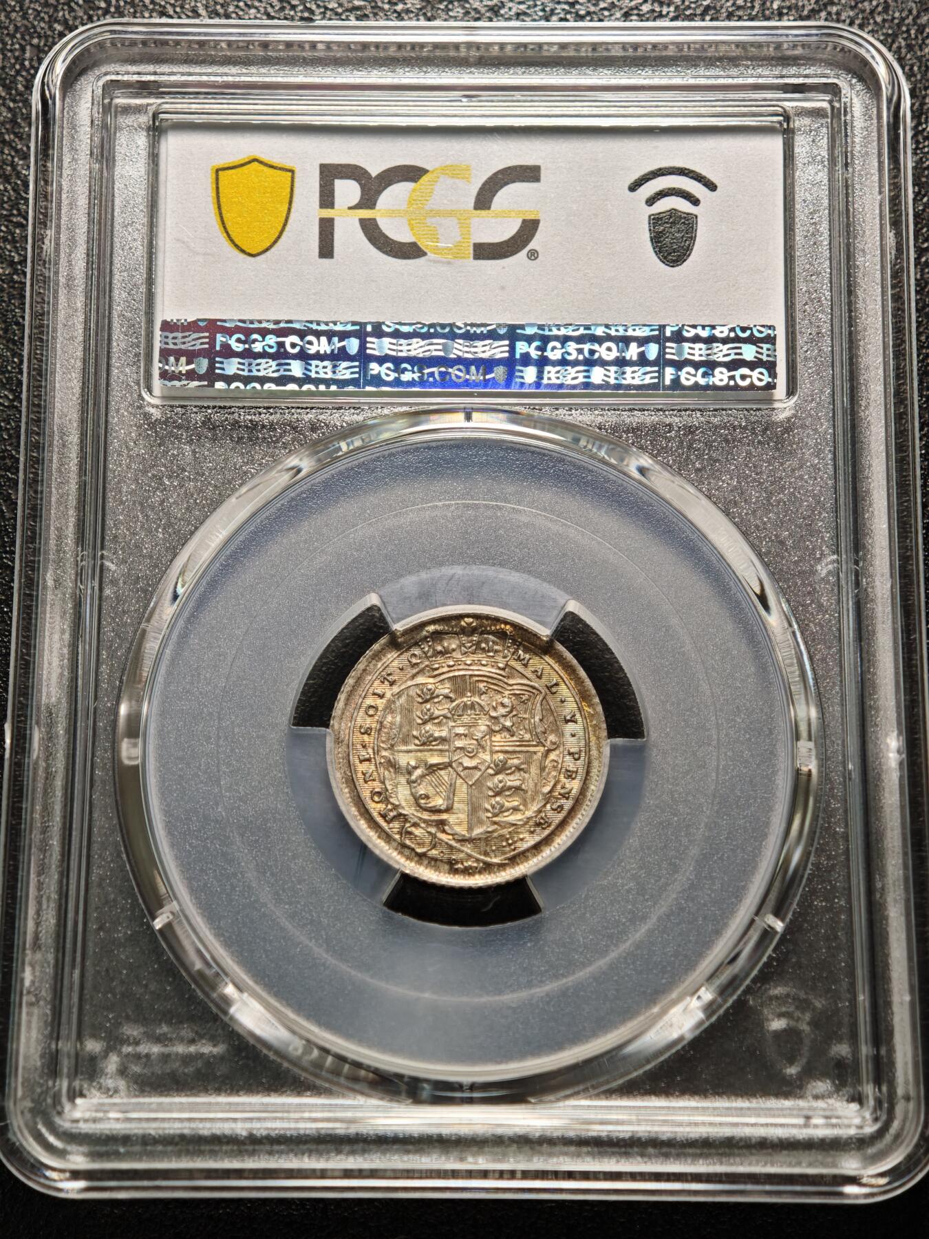 【德藏】世界币章拍卖第155期（拍品征集中~欢迎藏友联系） 1816年 英国乔治三世6便士银币 PCGS MS66 淡彩包浆 亚军分 仅2枚更高