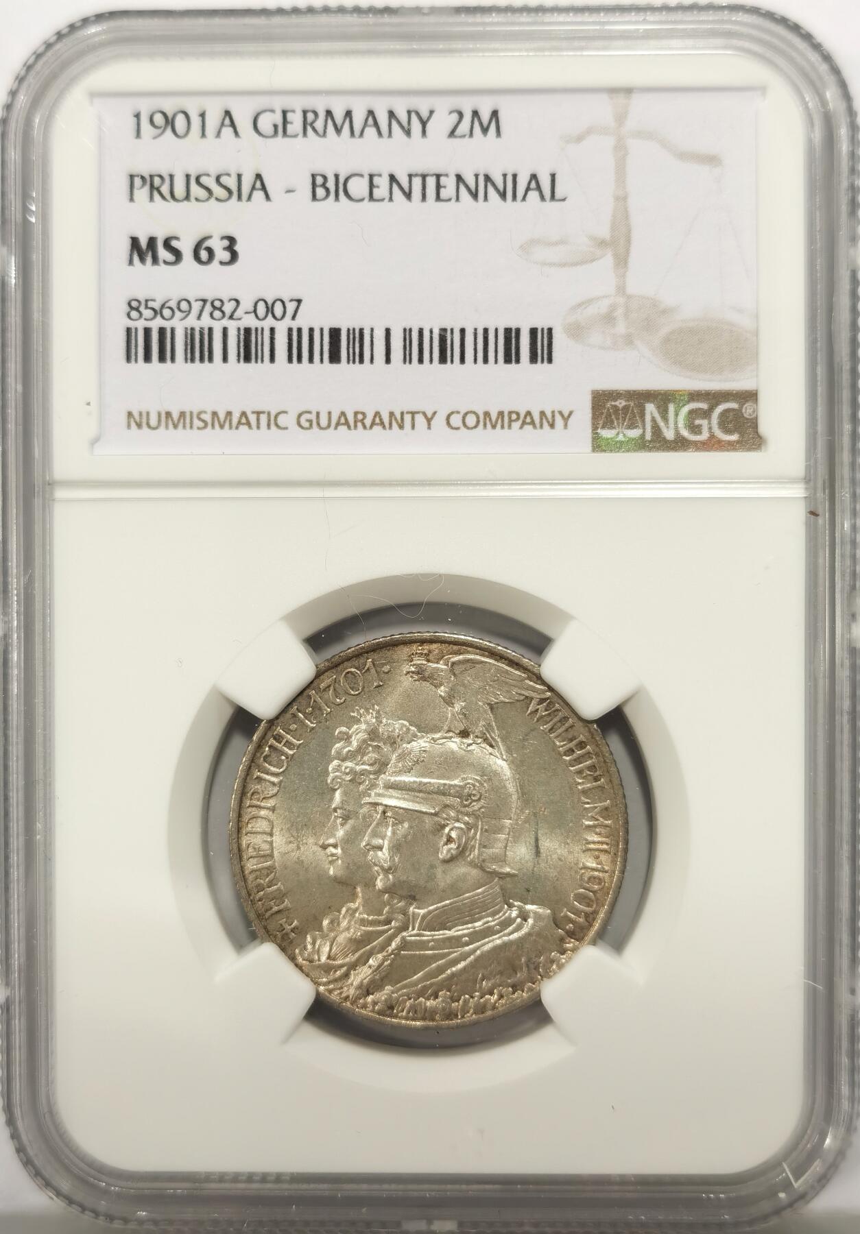 博洋堂世界钱币拍卖第149期（全场包邮） NGC MS63 德国普鲁士1901年建国200周年2马克银币。