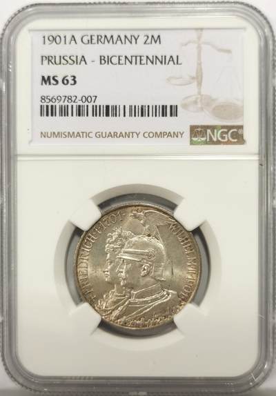 博洋堂世界钱币拍卖第149期（全场包邮） - NGC MS63 德国普鲁士1901年建国200周年2马克银币。