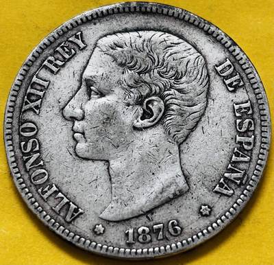 文馨钱币收藏第 283 场，【大雪鉴珍，寒英缀金】金银纪念币精品场，诚邀您的参与【长期接代拍品】 - 1876 年西班牙阿方索十二世 5 比塞塔大银币 900 高银，第一版关门年，只发行两年