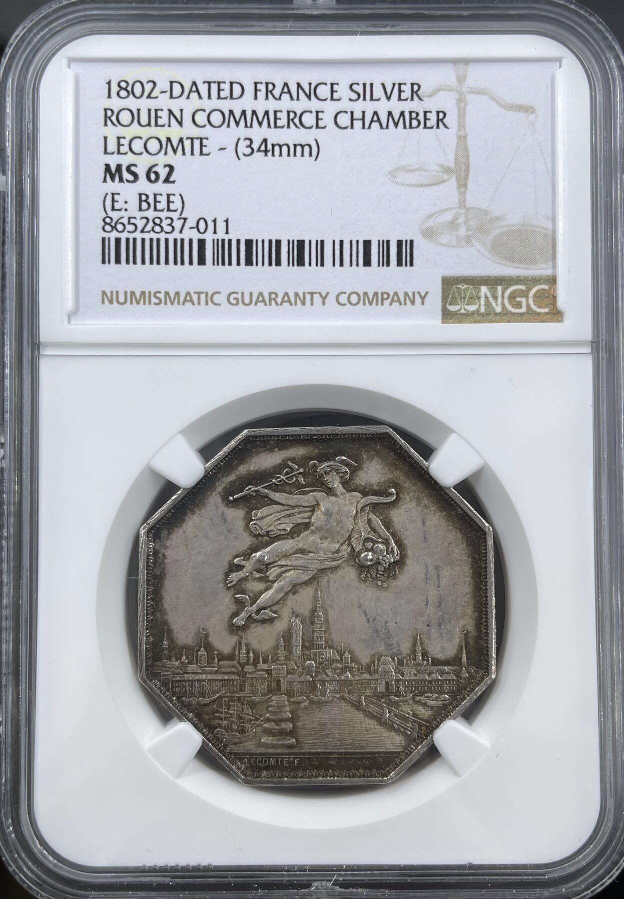 「木头集藏」章牌精品专场！ Lecomte～法国鲁昂商会八角银章，MS 62 ，直径：34 mm，品相不错。