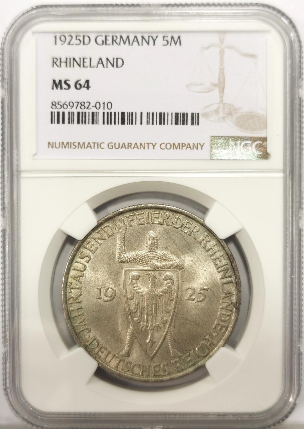 博洋堂世界钱币拍卖第149期（全场包邮） NGC MS64 德国魏玛1925年千年莱茵5马克银币，状态非常好！
