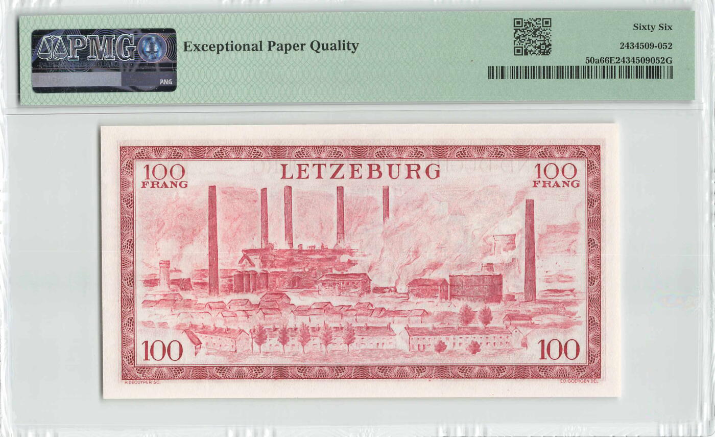 小福收藏拍卖第196期 评级币精选场 本期有68分倒置号布隆迪世界最大纸币 泰国69年10铢纪念钞0A冠百位倒置号  文莱06年500吉令特首年首冠 丹麦经典大松鼠 俄罗斯 玻利维亚 东加勒比 亚美尼亚等多国精美高分珍稀老钞精品纸币 卢森堡 1956年 100法郎 夏洛特公爵夫人 无47 PMG66 EPQ 季军分