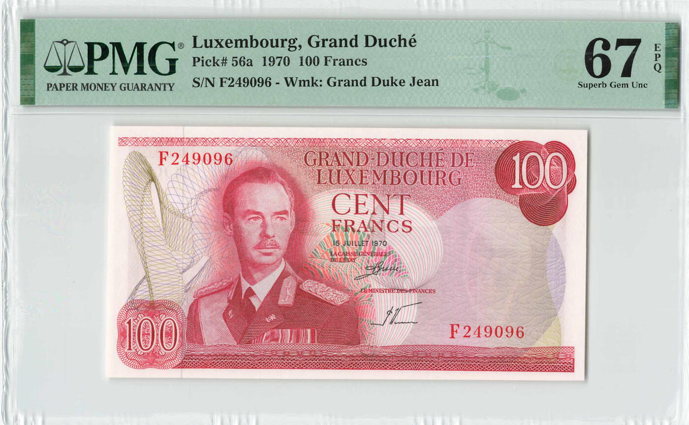 小福收藏拍卖第196期 评级币精选场 本期有68分倒置号布隆迪世界最大纸币 泰国69年10铢纪念钞0A冠百位倒置号  文莱06年500吉令特首年首冠 丹麦经典大松鼠 俄罗斯 玻利维亚 东加勒比 亚美尼亚等多国精美高分珍稀老钞精品纸币 卢森堡 1970年 100法郎 该版最高值 PMG67 EPQ 亚军分