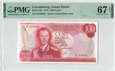 小福收藏拍卖第196期 评级币精选场 本期有68分倒置号布隆迪世界最大纸币 泰国69年10铢纪念钞0A冠百位倒置号  文莱06年500吉令特首年首冠 丹麦经典大松鼠 俄罗斯 玻利维亚 东加勒比 亚美尼亚等多国精美高分珍稀老钞精品纸币 - 卢森堡 1970年 100法郎 该版最高值 PMG67 EPQ 亚军分