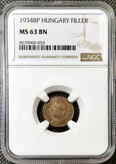 甄臻铺-世界币章拍卖（第40期）送拍享返佣金等优惠多多 - NGC-MS63BN 匈牙利1934年一菲勒铜币，铜光饱满，状态很好