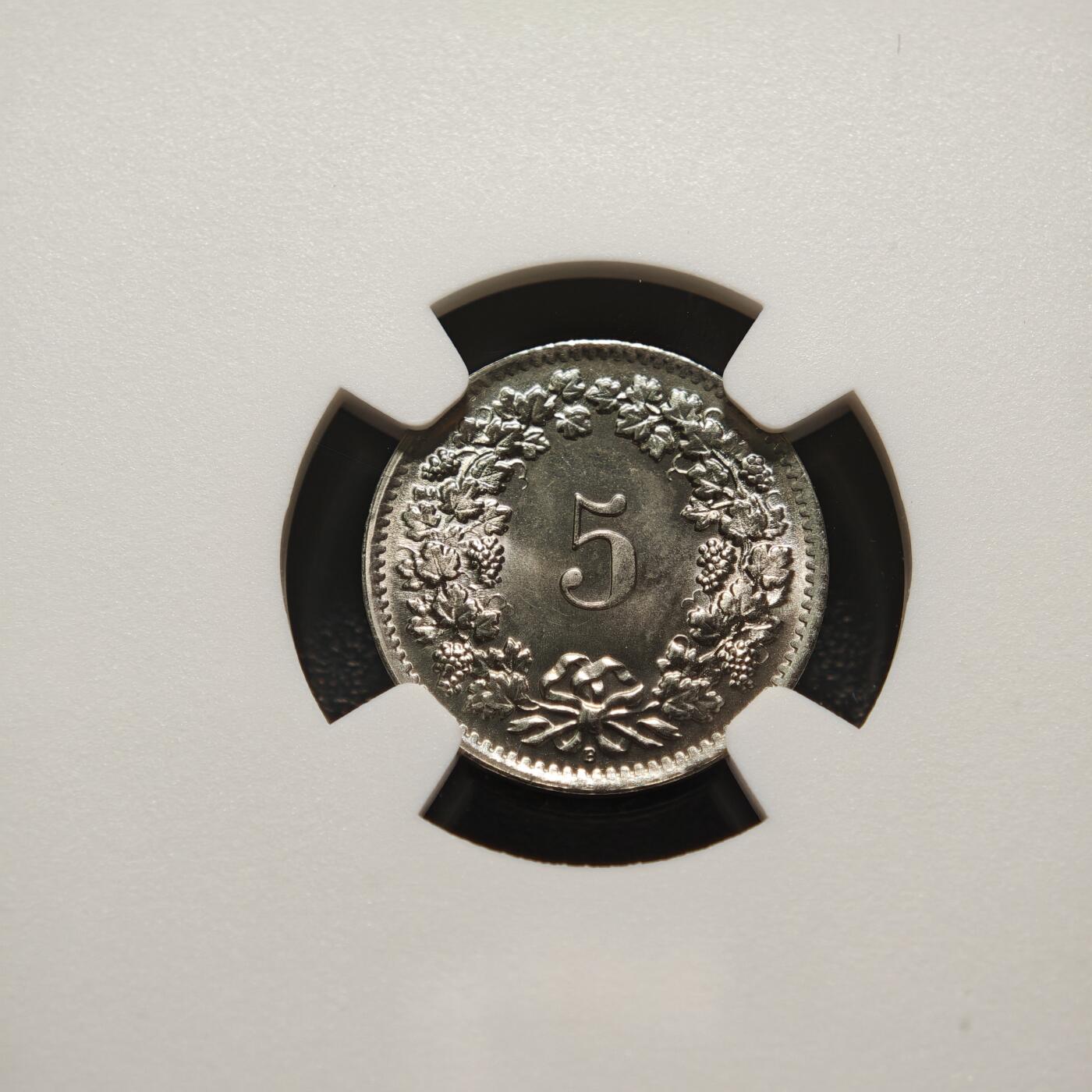 【德藏】世界币章拍卖第155期（拍品征集中~欢迎藏友联系） 1964年 瑞士5生丁海尔维蒂女神镍币 NGC MS67 原光十足