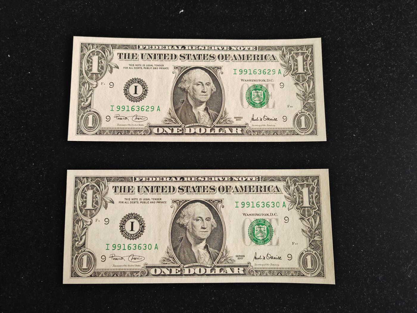 美国纸币 2001年 稀少I区 1美元 首发A冠 无47  全新UNC 单价