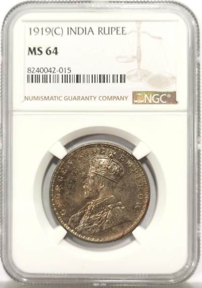博洋堂世界钱币拍卖第149期（全场包邮） - NGC MS64 英属印度1919年乔治五世1卢比银币 少见C版 斑斓五彩 视觉效果极佳
