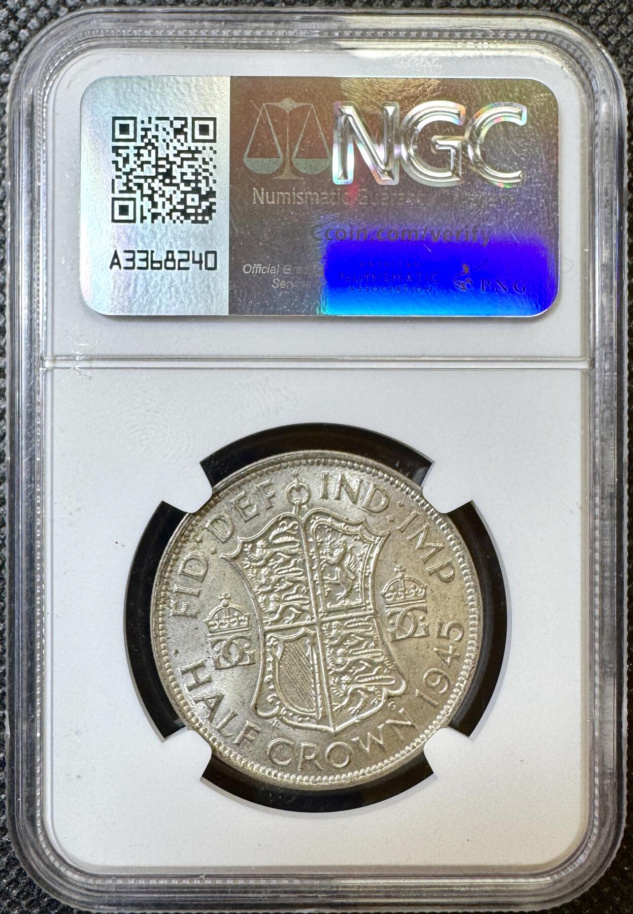甄臻铺-世界币章拍卖（第40期）送拍享返佣金等优惠多多 NGC-MS62 英国1945乔治六世半克朗银币，流通最大面值，状态好，经典品种