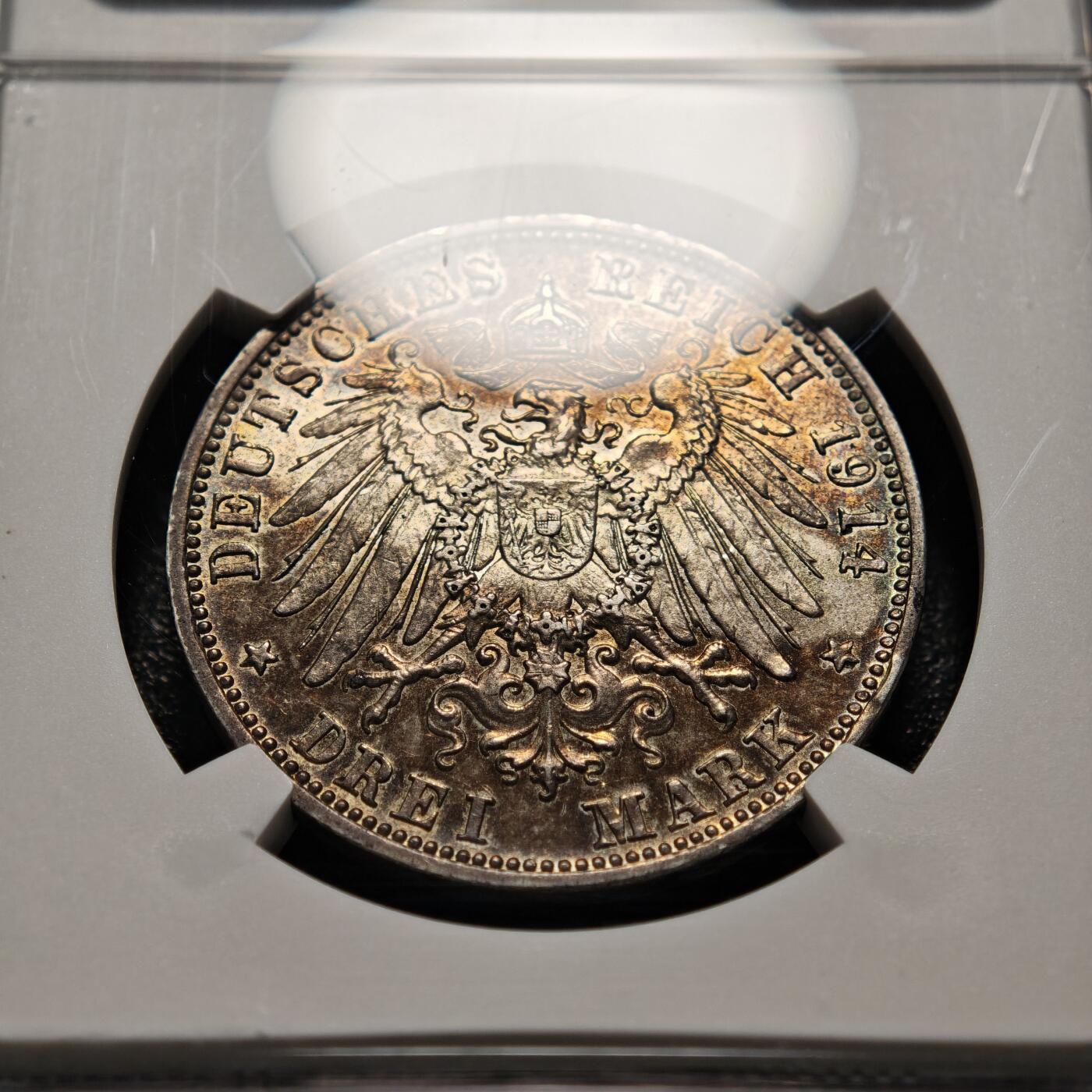 【德藏】世界币章拍卖第155期（拍品征集中~欢迎藏友联系） 1914年 德国巴伐利亚3马克银币 NGC AU53 原味深彩包浆 状态极佳