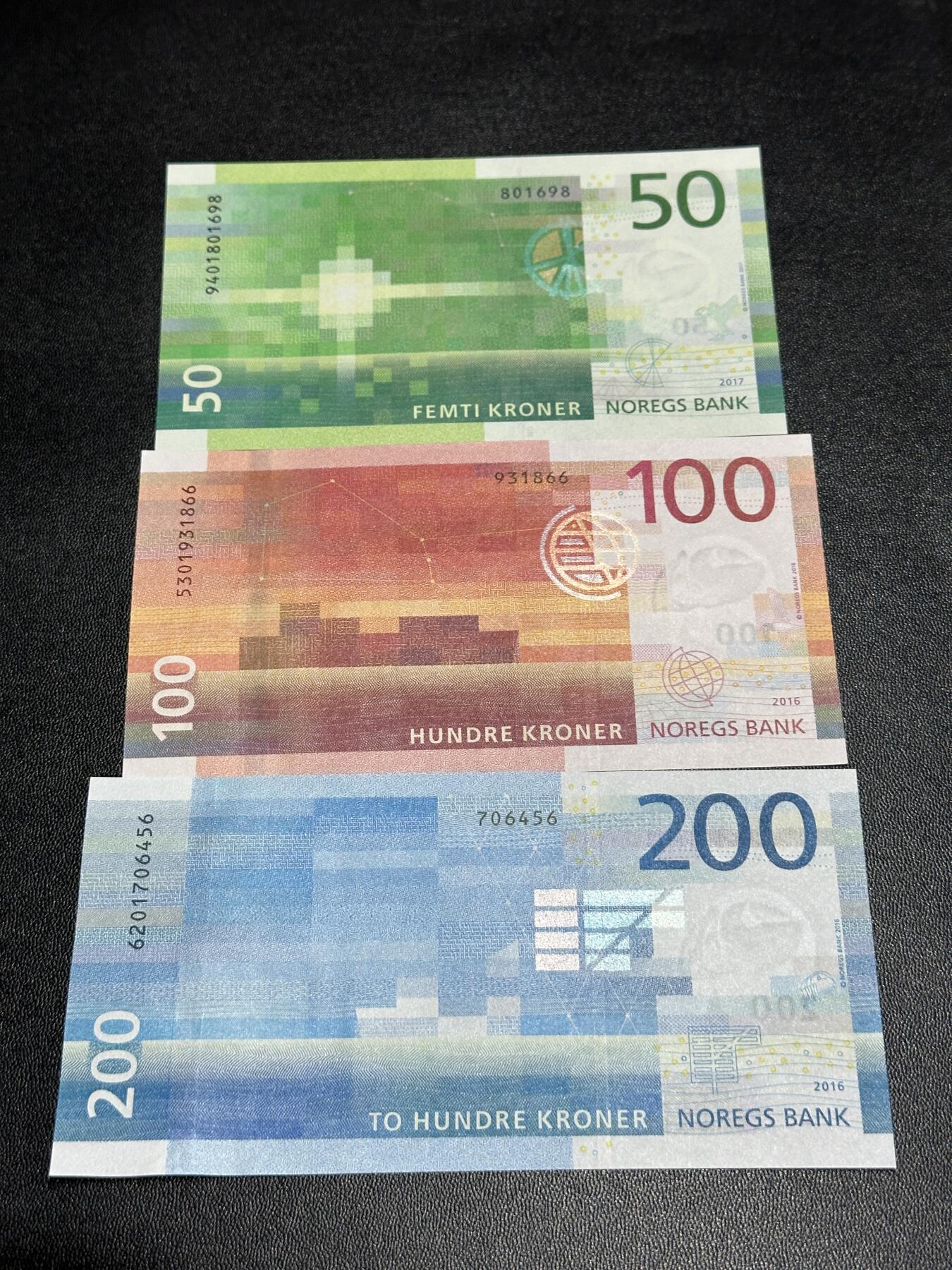 《外钞收藏家》第五百八十八期（优质场）（本平台长期征集拍品、欢迎藏友们联系合作） 挪威新版50/100/200克朗（绝品）