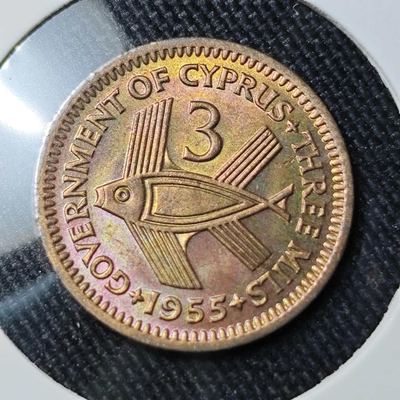 KK钱币收藏小铺 （套币 好品/批量散币 银币）专场  2月预留时间 周末发货  1955英属塞浦路斯3米尔铜币 带彩漂亮