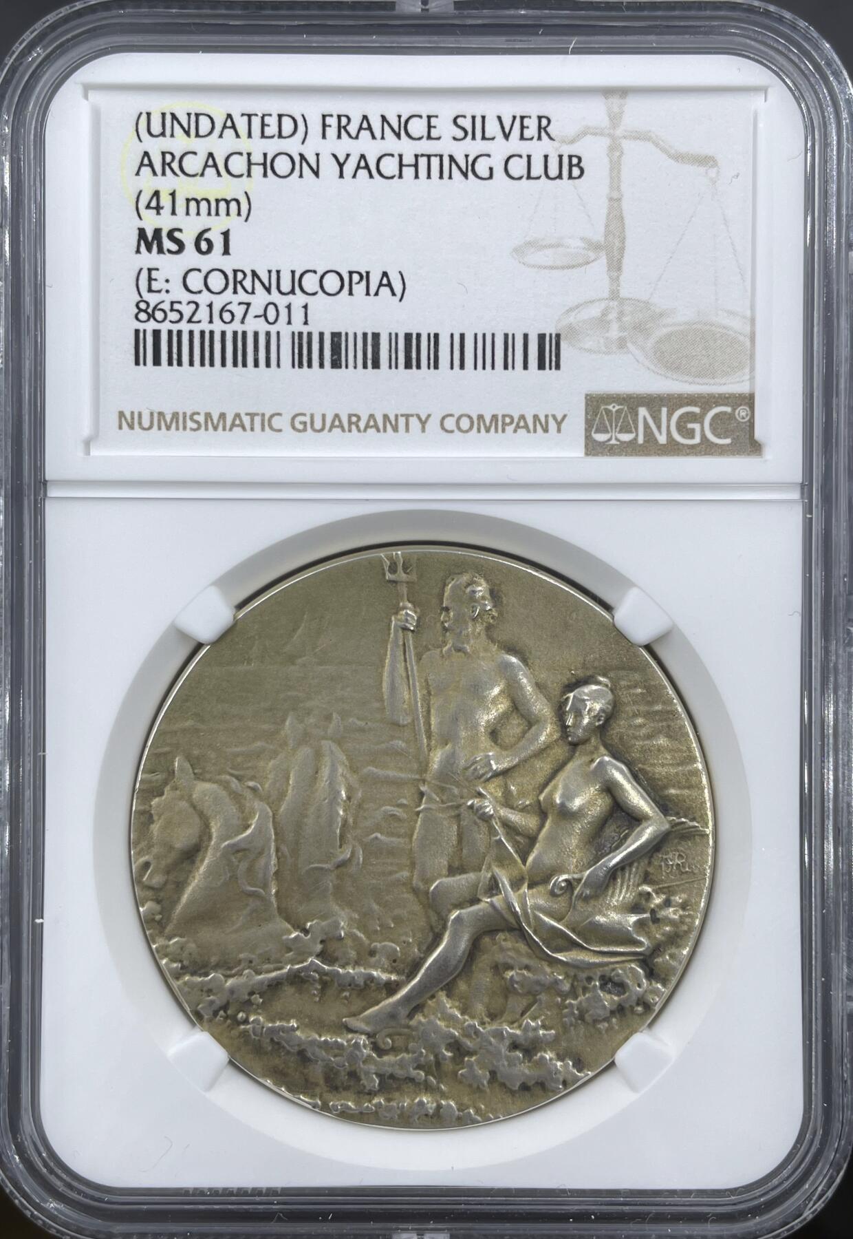 「木头集藏」章牌精品专场！ Rivet～法国阿卡雄游艇俱乐部镀金银章，MS 61，直径：41mm，名家作品，少见银章，很美。