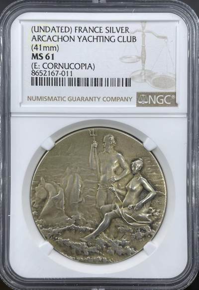 「木头集藏」章牌精品专场！ - Rivet～法国阿卡雄游艇俱乐部镀金银章，MS 61，直径：41mm，名家作品，少见银章，很美。