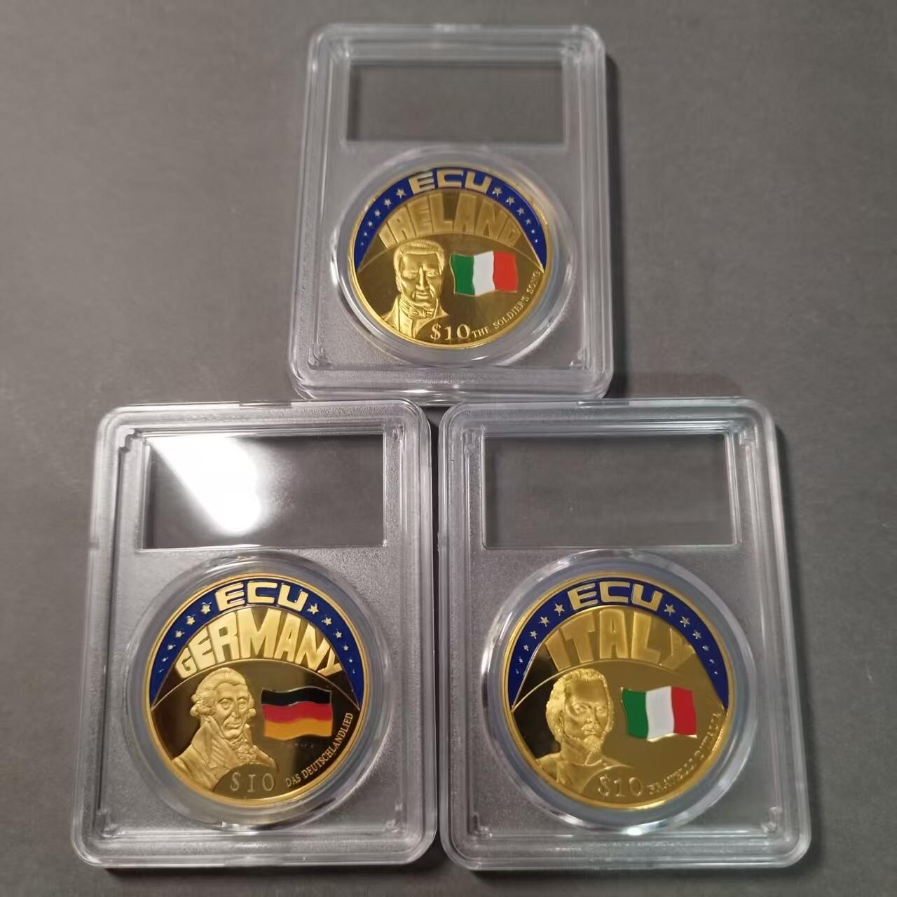 长老汇蛇年精选第七十九场拍卖 2001利比里亚德国／意大利／爱尔兰加入ECU区 10元彩色精制克朗型纪念币3枚，铜镍镀金，非常少见，汇率就要213了