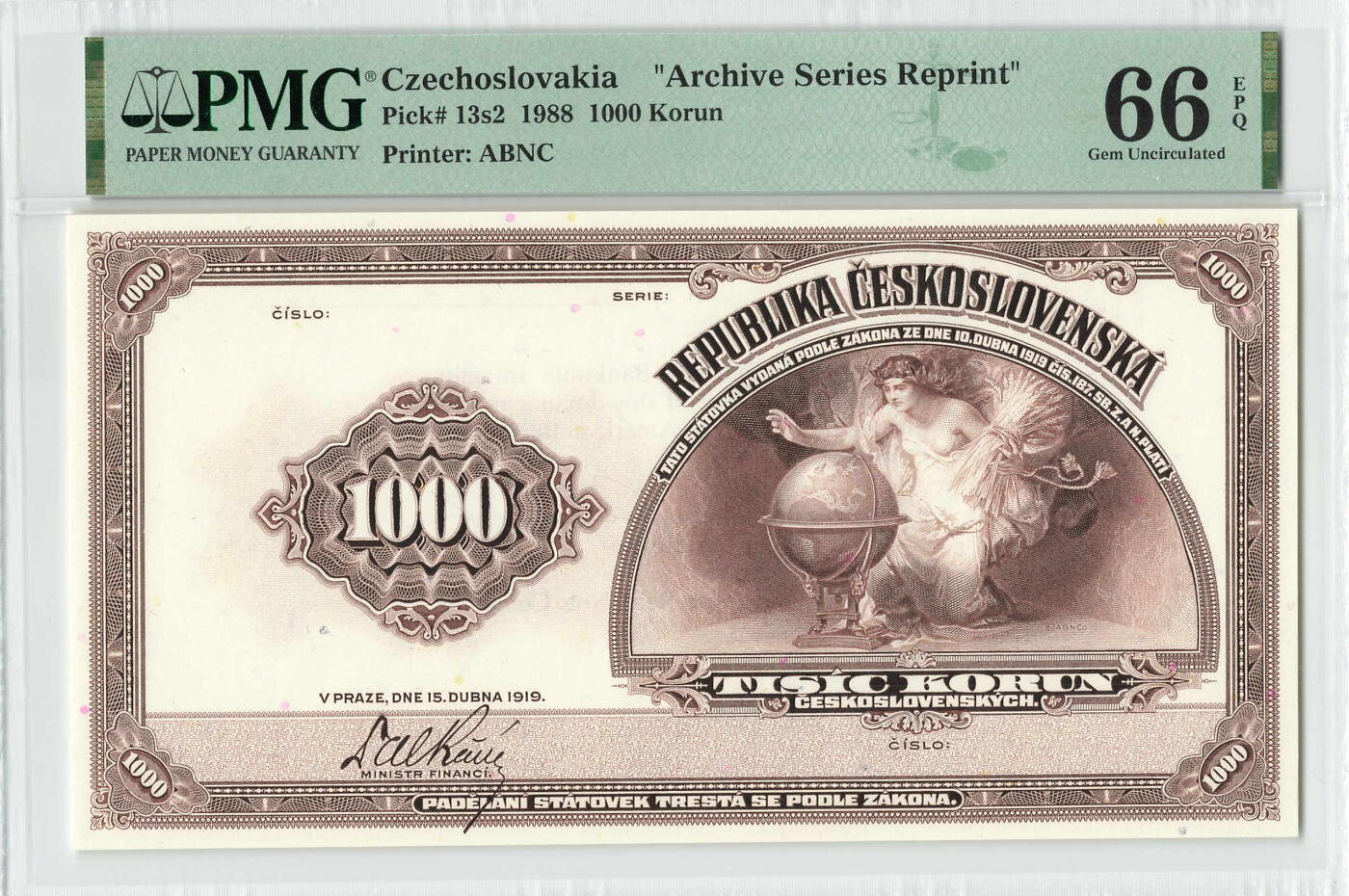 小福收藏拍卖第196期 评级币精选场 本期有68分倒置号布隆迪世界最大纸币 泰国69年10铢纪念钞0A冠百位倒置号  文莱06年500吉令特首年首冠 丹麦经典大松鼠 俄罗斯 玻利维亚 东加勒比 亚美尼亚等多国精美高分珍稀老钞精品纸币 捷克斯洛伐克 1988年 1000克朗 档案系列重印 少见 美国银行纸币公司印刷 PMG66 EPQ 亚军分