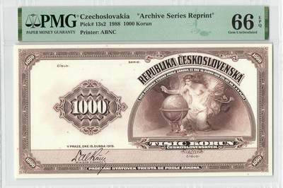 小福收藏拍卖第196期 评级币精选场 本期有68分倒置号布隆迪世界最大纸币 泰国69年10铢纪念钞0A冠百位倒置号  文莱06年500吉令特首年首冠 丹麦经典大松鼠 俄罗斯 玻利维亚 东加勒比 亚美尼亚等多国精美高分珍稀老钞精品纸币 - 捷克斯洛伐克 1988年 1000克朗 档案系列重印 少见 美国银行纸币公司印刷 PMG66 EPQ 亚军分