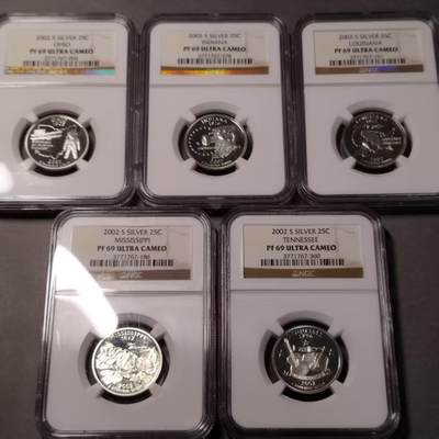 长老汇蛇年精选第七十九场拍卖 - 2002美国州币系列25分5枚精制银币，NGC PF69UC ，田纳西州，路易斯安那州，俄亥俄州，印第安纳州，密西西比州，颜值非常高的一组