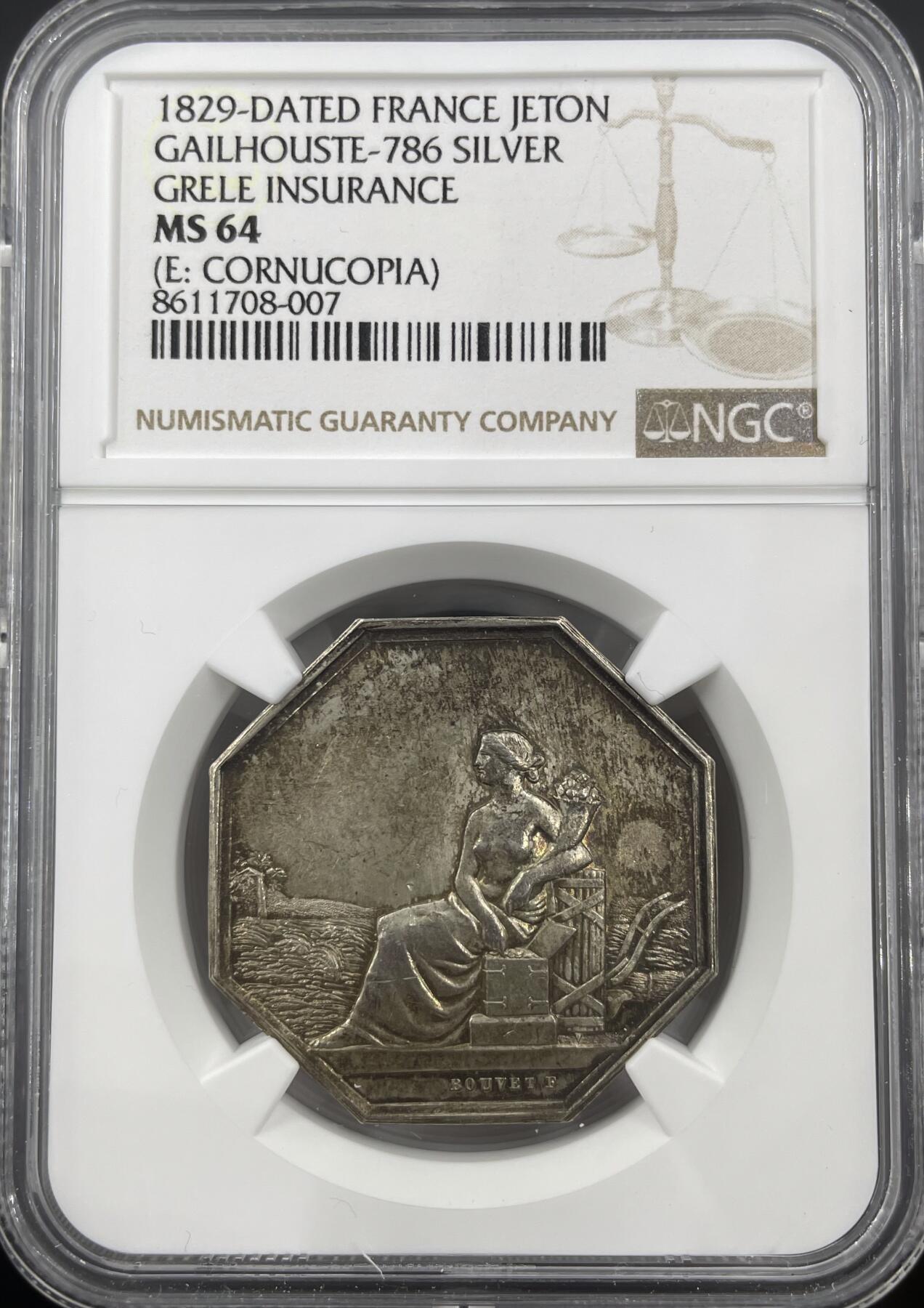 「木头集藏」章牌精品专场！ BOUVET F～法国塞纳-马恩省防冰雹互助保险八角银章，MS 64，直径：33 mm，较少见八角。