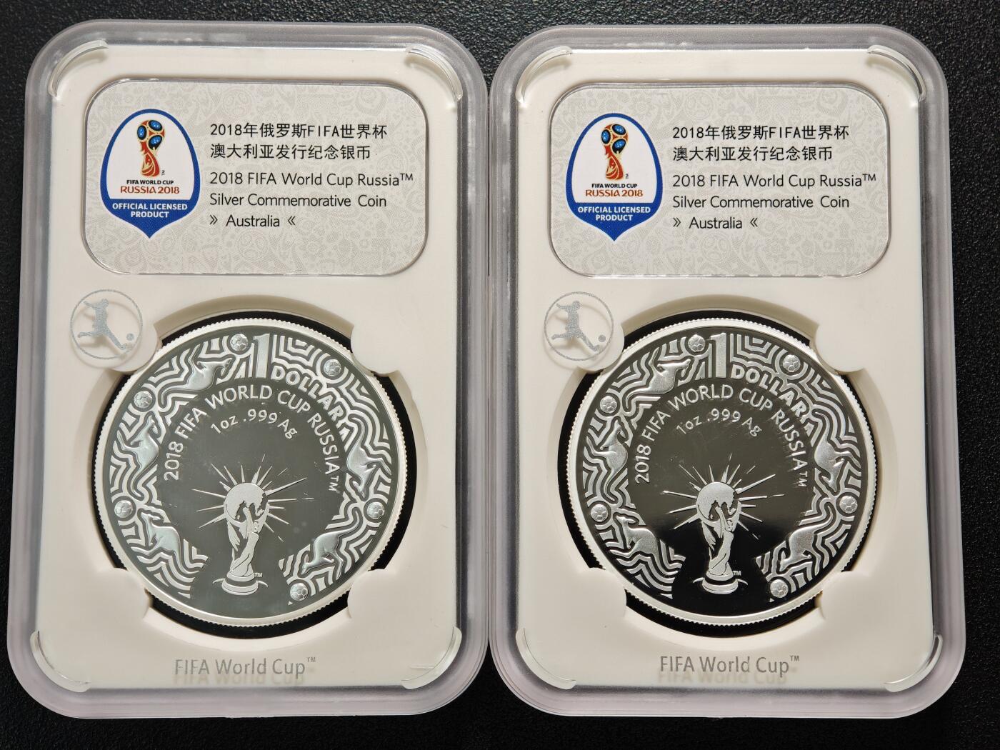 【德藏】世界币章拍卖第155期（拍品征集中~欢迎藏友联系） 2枚一组 2018年 澳大利亚俄罗斯世界杯1元纪念银币 封装版 1盎司 999银