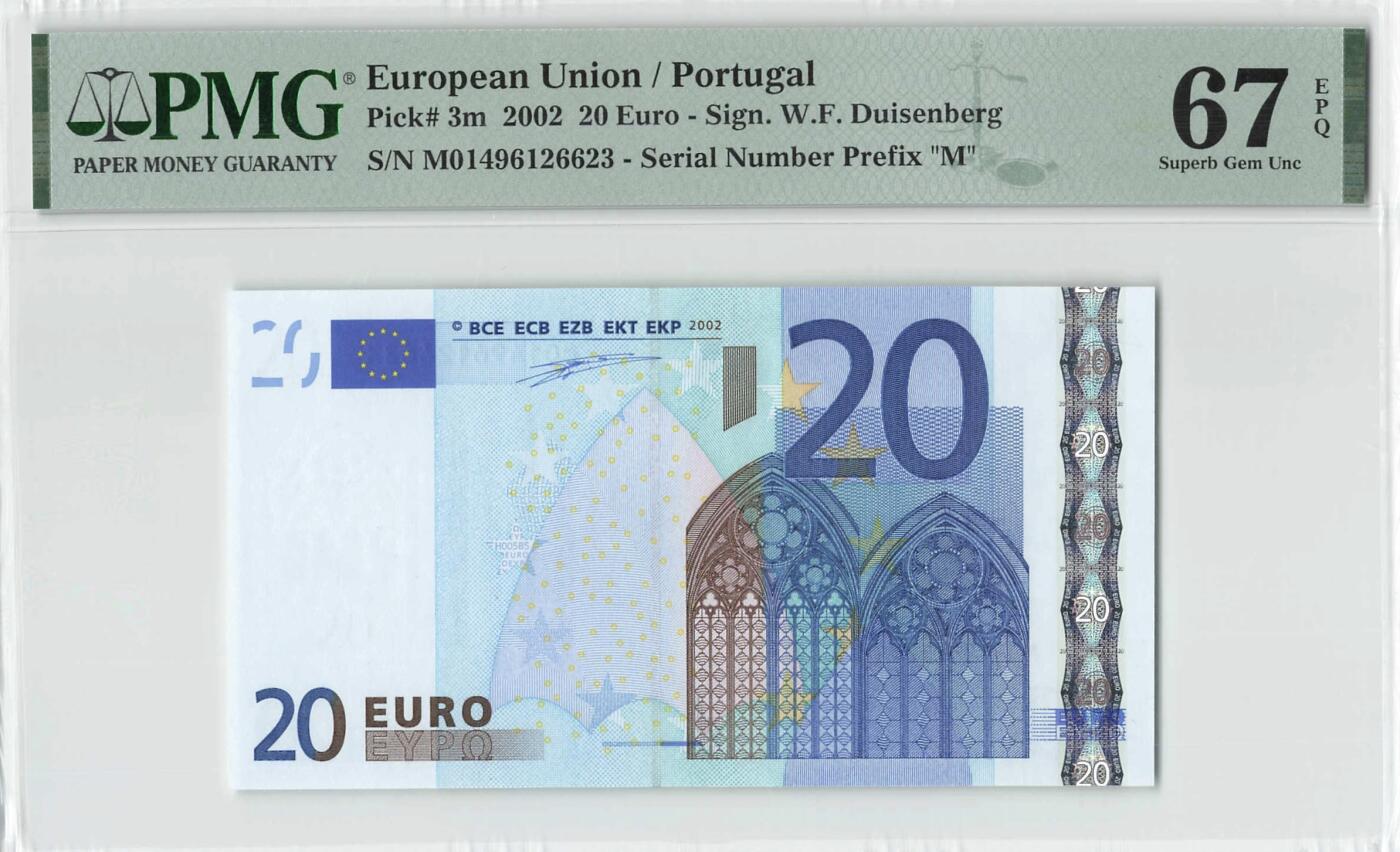 小福收藏拍卖第196期 评级币精选场 本期有68分倒置号布隆迪世界最大纸币 泰国69年10铢纪念钞0A冠百位倒置号  文莱06年500吉令特首年首冠 丹麦经典大松鼠 俄罗斯 玻利维亚 东加勒比 亚美尼亚等多国精美高分珍稀老钞精品纸币 葡萄牙 2002年 20欧元 一签 PMG67 EPQ 亚军分