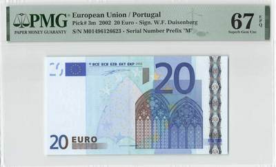 小福收藏拍卖第196期 评级币精选场 本期有68分倒置号布隆迪世界最大纸币 泰国69年10铢纪念钞0A冠百位倒置号  文莱06年500吉令特首年首冠 丹麦经典大松鼠 俄罗斯 玻利维亚 东加勒比 亚美尼亚等多国精美高分珍稀老钞精品纸币 - 葡萄牙 2002年 20欧元 一签 PMG67 EPQ 亚军分