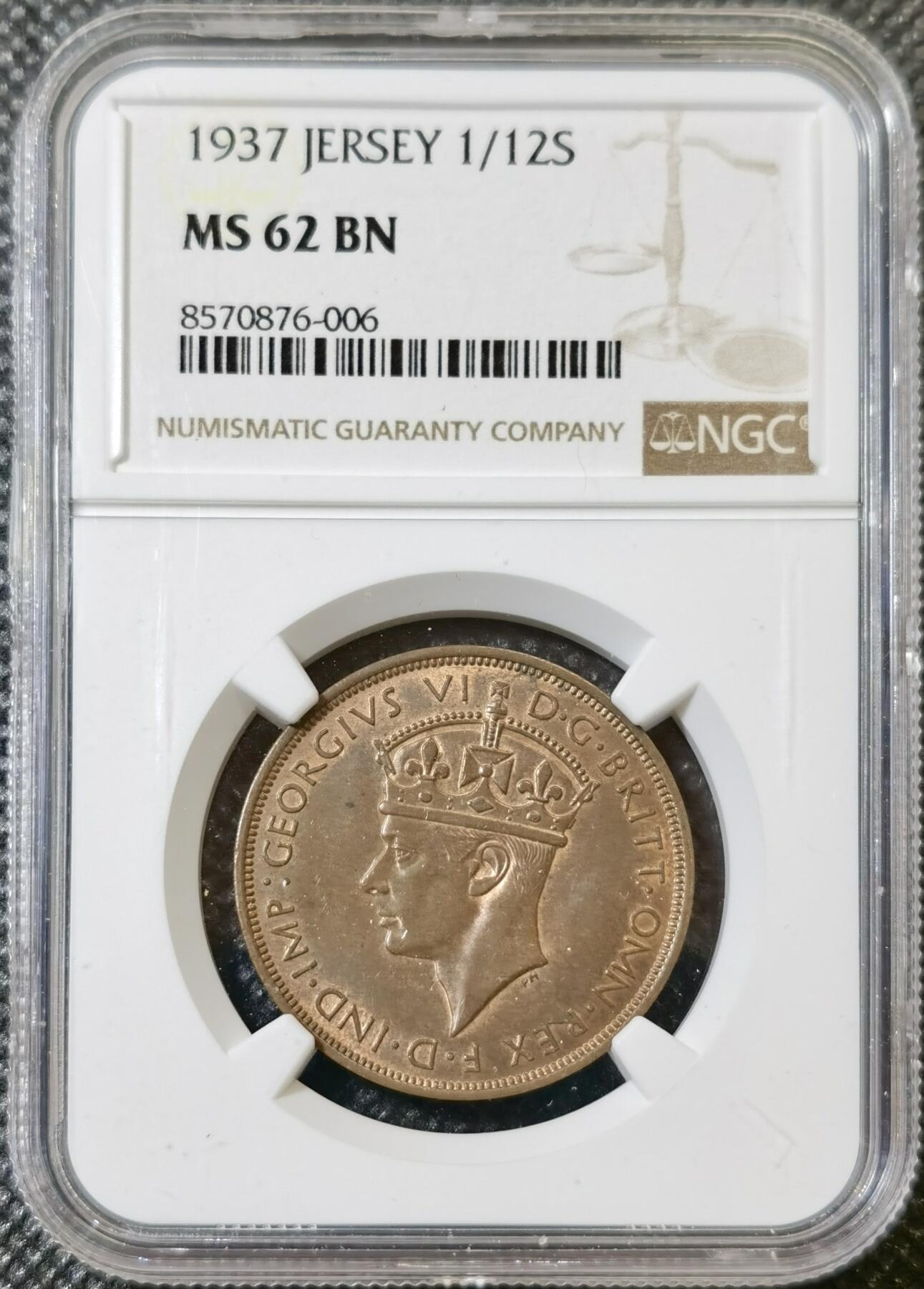 甄臻铺-世界币章拍卖（第40期）送拍享返佣金等优惠多多 NGC-MS62BN 英属泽西岛1937 1/12先令铜币，乔六登基首年，温润状态，比本土便士少见的多