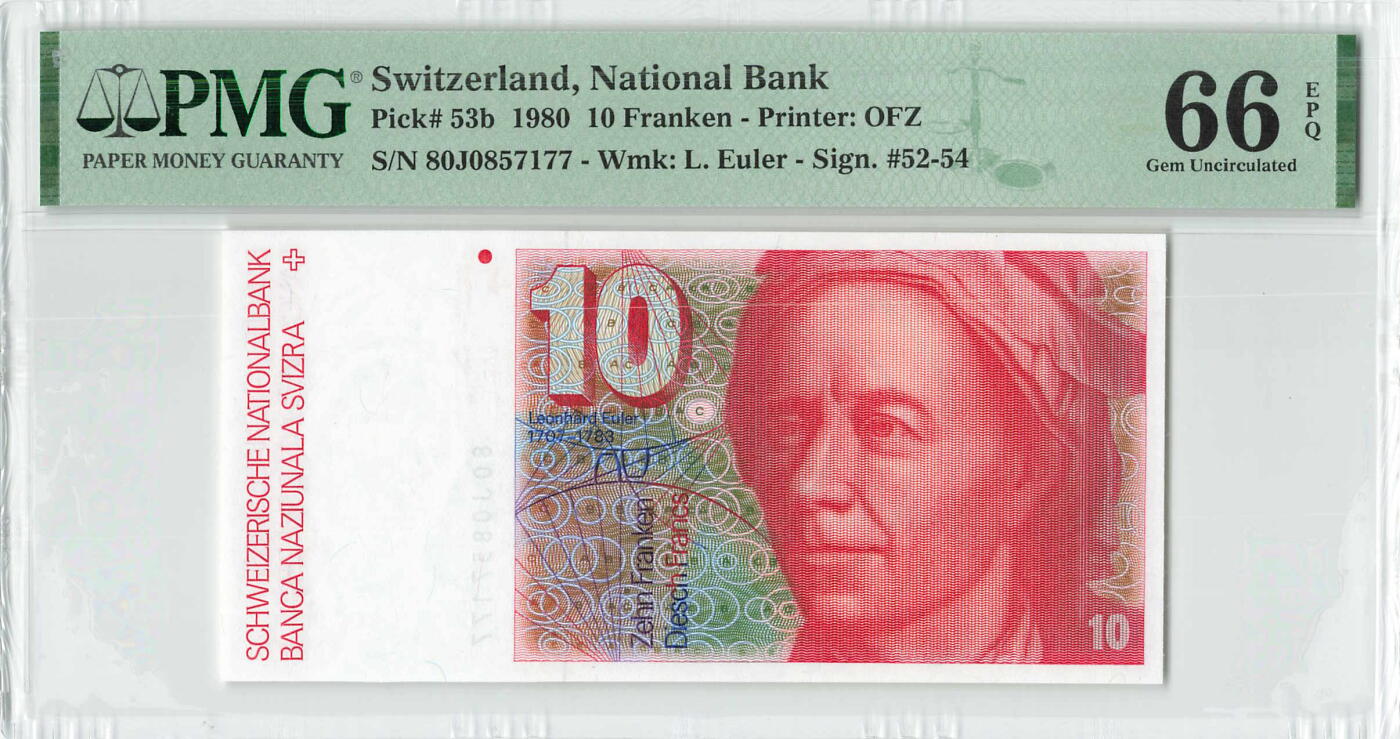 小福收藏拍卖第196期 评级币精选场 本期有68分倒置号布隆迪世界最大纸币 泰国69年10铢纪念钞0A冠百位倒置号  文莱06年500吉令特首年首冠 丹麦经典大松鼠 俄罗斯 玻利维亚 东加勒比 亚美尼亚等多国精美高分珍稀老钞精品纸币 瑞士 1980年 10法郎 早期年份 双尾 PMG66 EPQ 季军分