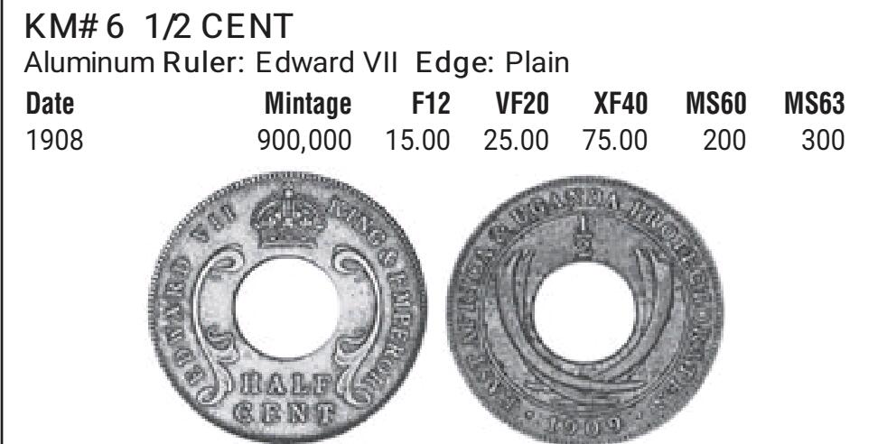 【全场包邮】纯粹捡漏拍480场（免费代拍第17场） 【稀少】东非及乌干达保护地1908年爱德华七世1/2分铝版-KM6