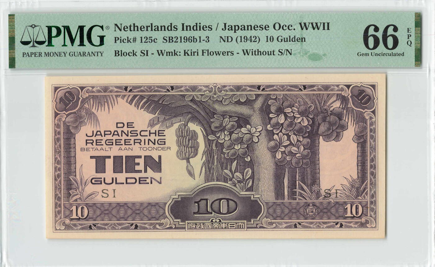 小福收藏拍卖第196期 评级币精选场 本期有68分倒置号布隆迪世界最大纸币 泰国69年10铢纪念钞0A冠百位倒置号  文莱06年500吉令特首年首冠 丹麦经典大松鼠 俄罗斯 玻利维亚 东加勒比 亚美尼亚等多国精美高分珍稀老钞精品纸币 荷属东印度 1942年 10盾 日占军票 大票幅 侵略罪证 PMG66 EPQ 冠军分！！！