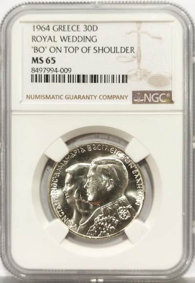 博洋堂世界钱币拍卖第149期（全场包邮） - NGC MS65 希腊1964年康斯坦丁二世皇室婚礼30德拉马克银币，原汁原味银光闪闪，币面清爽干净又漂亮，转光强烈细节优秀，状态极佳。