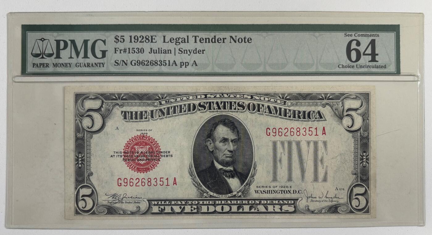 【礼羽收藏】🌏世界钱币拍卖第113期 1928年 5美元 政府券 红色库印 号码无47 一代老壳严评 64（EPQ标识在背面）
