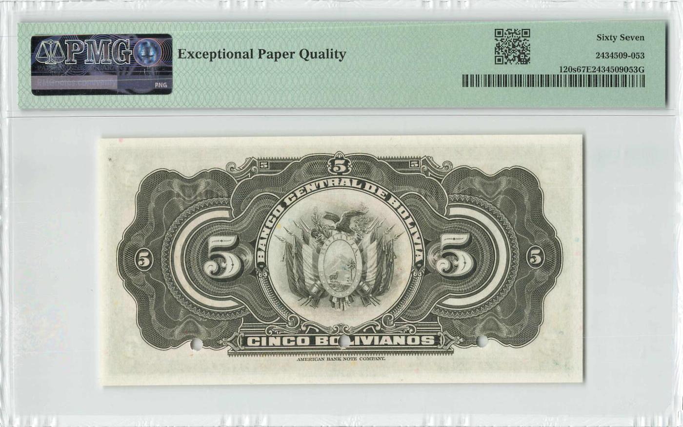 小福收藏拍卖第196期 评级币精选场 本期有68分倒置号布隆迪世界最大纸币 泰国69年10铢纪念钞0A冠百位倒置号  文莱06年500吉令特首年首冠 丹麦经典大松鼠 俄罗斯 玻利维亚 东加勒比 亚美尼亚等多国精美高分珍稀老钞精品纸币 玻利维亚 1933-40年 5玻利维亚诺 X8序列 样钞 PMG67 EPQ 冠军分！！!