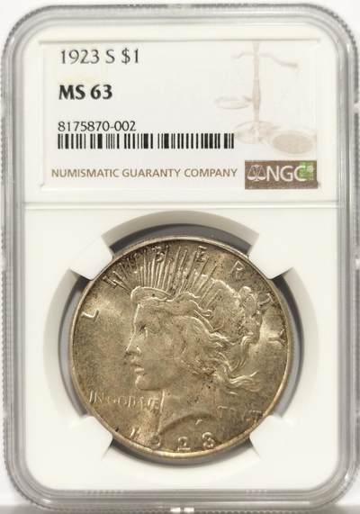 博洋堂世界钱币拍卖第149期（全场包邮） - NGC MS63 美国1923年和平银币，淡黄油包浆，转光好