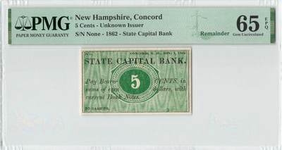 小福收藏拍卖第196期 评级币精选场 本期有68分倒置号布隆迪世界最大纸币 泰国69年10铢纪念钞0A冠百位倒置号  文莱06年500吉令特首年首冠 丹麦经典大松鼠 俄罗斯 玻利维亚 东加勒比 亚美尼亚等多国精美高分珍稀老钞精品纸币 - 美国 新罕布什尔 康科德 1862年 5分 PMG65 EPQ