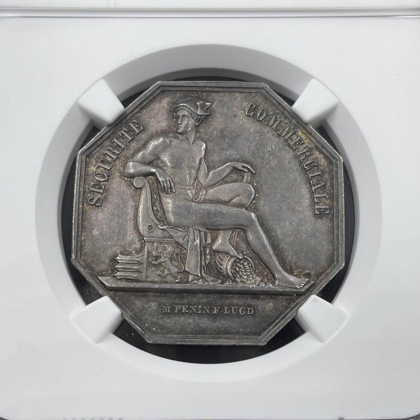 「木头集藏」章牌精品专场！ 1848年法国里昂商会八角银章，MS 61，直径：31 mm，边铭：手指 （1845-1860年），较少见八角。