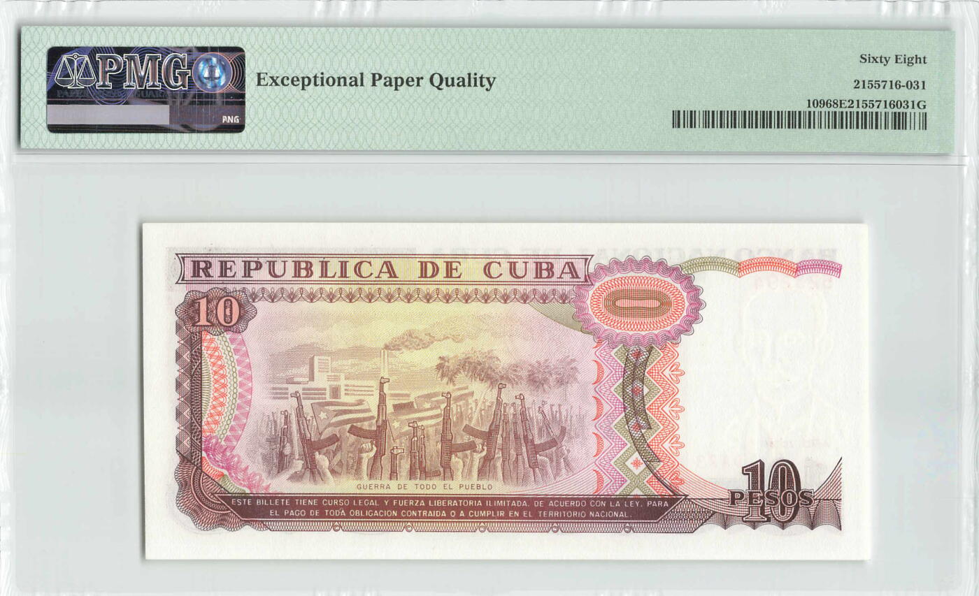 小福收藏拍卖第196期 评级币精选场 本期有68分倒置号布隆迪世界最大纸币 泰国69年10铢纪念钞0A冠百位倒置号  文莱06年500吉令特首年首冠 丹麦经典大松鼠 俄罗斯 玻利维亚 东加勒比 亚美尼亚等多国精美高分珍稀老钞精品纸币 古巴 1991年 10比索 中国代印 PMG68 EPQ 唯2冠军分！！！