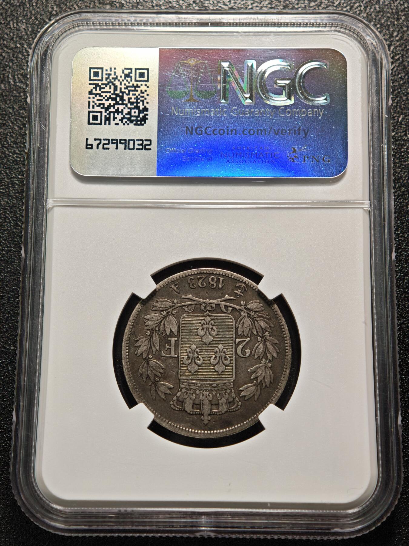 【德藏】世界币章拍卖第155期（拍品征集中~欢迎藏友联系） 1823年 法国2法郎银币 NGC VF 状态安逸