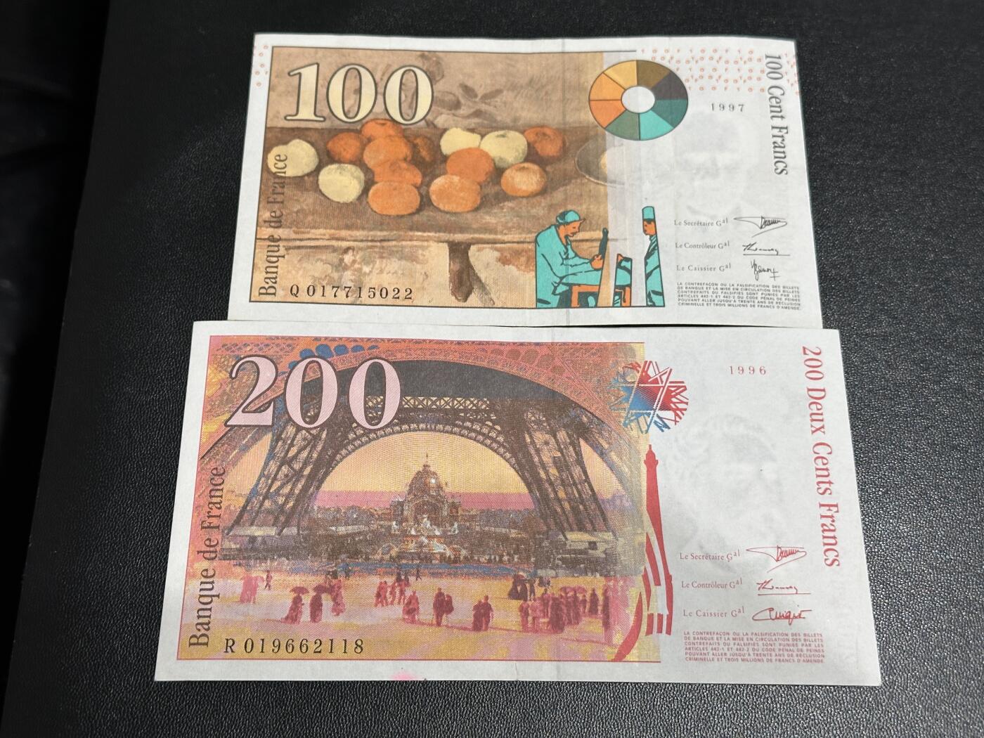 《外钞收藏家》第五百八十八期（优质场）（本平台长期征集拍品、欢迎藏友们联系合作） 法国末版100法郎保罗塞尚+200法郎埃菲尔铁塔（全程无4）	9品左右