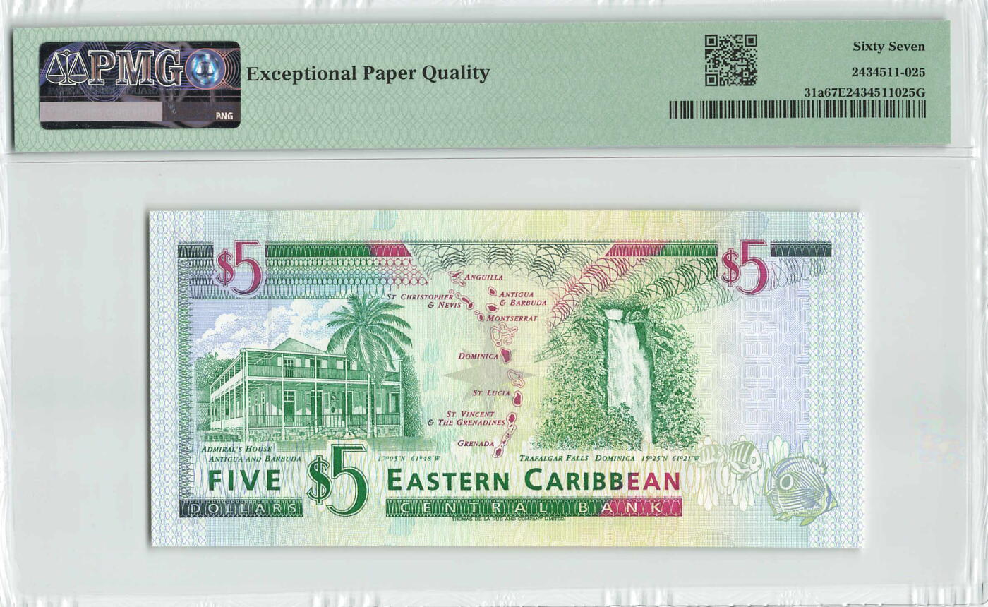 小福收藏拍卖第196期 评级币精选场 本期有68分倒置号布隆迪世界最大纸币 泰国69年10铢纪念钞0A冠百位倒置号  文莱06年500吉令特首年首冠 丹麦经典大松鼠 俄罗斯 玻利维亚 东加勒比 亚美尼亚等多国精美高分珍稀老钞精品纸币 东加勒比 （A） 安提瓜 1994年 5元 PMG67 EPQ 亚军分(冠军分仅2枚）