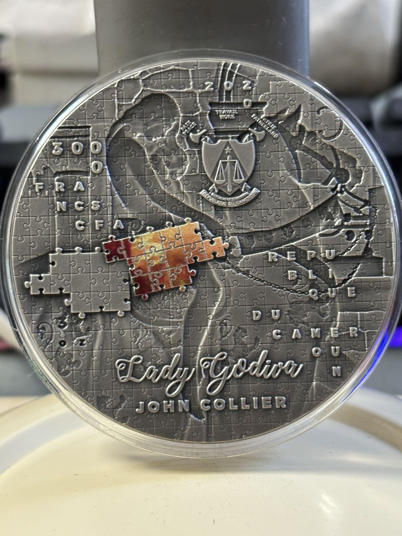 第183期拍卖 喀麦隆2020年背上的Godiva夫人拼图3盎司纪念银币，999银，可以当摆件，发行340枚