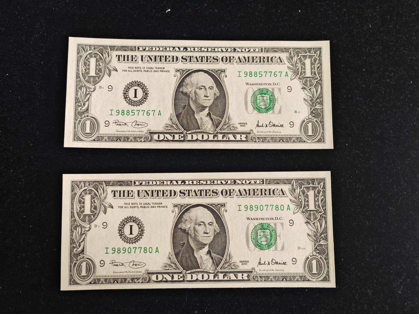 美国纸币 2001年 稀少I区 1美元 首发A冠 无4 全新UNC 单价