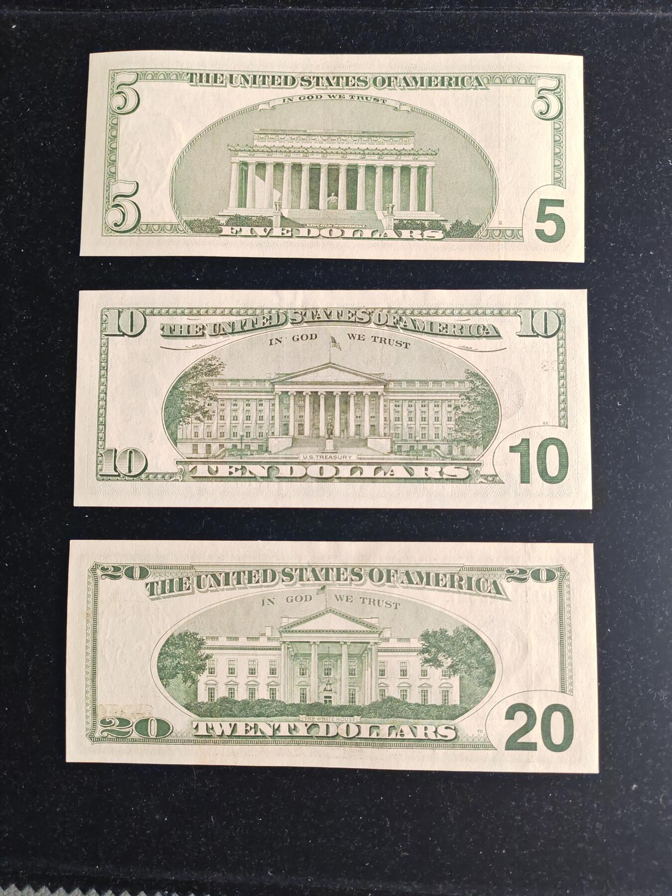 美国纸币 黑白大头版 小套 5美元-10美元-20美元 共三张 无4 近新有瑕